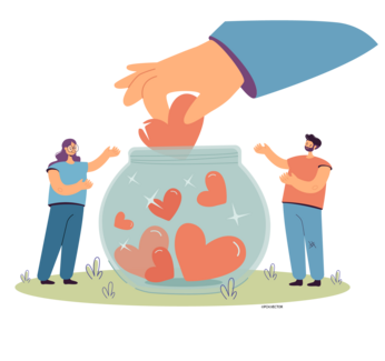 Generous tiny people collecting hearts in jar