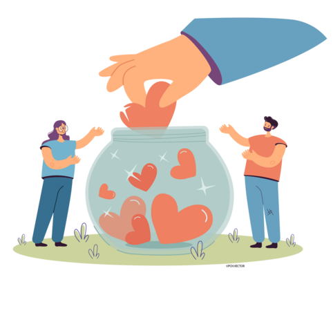 Generous tiny people collecting hearts in jar